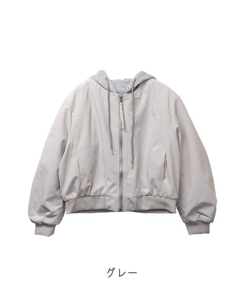 CLOTHY(クロシィ)の「【フーディ重ね着風デザインで抜け感◎】スウェットレイヤードMA-1ジャケット(MA-1・レディース・ブラック/グレー・FREE)」の21枚目の写真