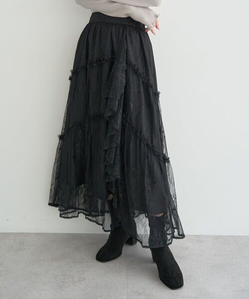 earth music&ecology（アースミュージックアンドエコロジー）の「レースフリルティアードスカート（スカート・レディース・アイボリー/ブラック・FREE）」の3枚目の写真