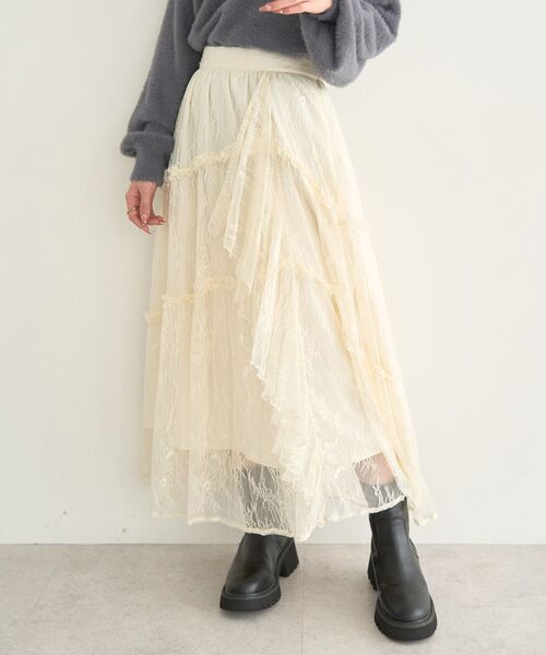 earth music&ecology（アースミュージックアンドエコロジー）の「レースフリルティアードスカート（スカート・レディース・アイボリー/ブラック・FREE）」の4枚目の写真