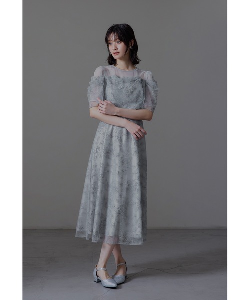 オケージョンドレス　グレー ガール GIRL 前後2WAYレース×オーガンジーフレアカラードッキング