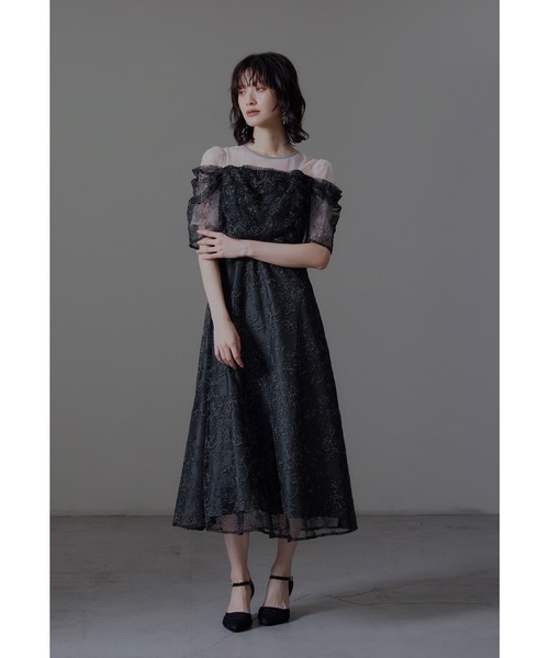 ラメレースドレープフレアドレス パーティードレス オケージョンドレス