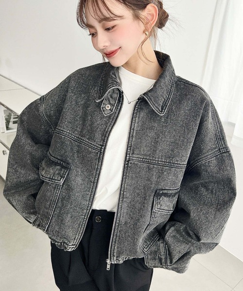moment+（モーメントプラス）の「ヘビーウエイトデニムショートブルゾン（デニムジャケット・レディース・ブルー/ブラック/インディゴブルー・M/L）」の2枚目の写真