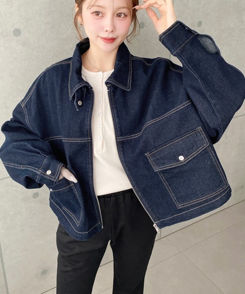 moment+（モーメントプラス）の「ヘビーウエイトデニムショートブルゾン（デニムジャケット・レディース・ブルー/ブラック/インディゴブルー・M/L）」の5枚目の写真