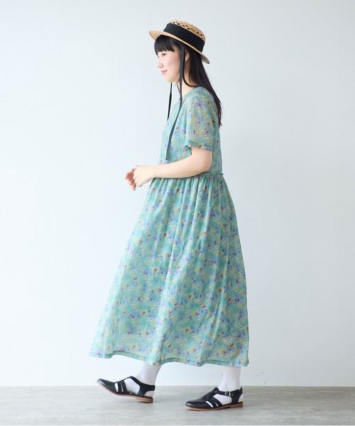 bulle de savon（ビュルデサボン）の「スイセンプリント ギャザーワンピース（ワンピース・レディース・チャコールグレー/ミント・FREE）」の7枚目の写真