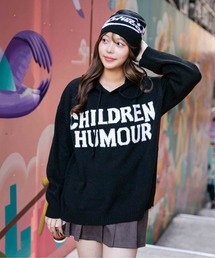 《ロゴ×フードデザイン》ゆるニットフーディー 冬トップス◎