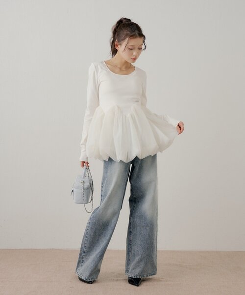 Chico(チコ)の「WEB限定【SALON by Chico】チューリップチュールバルーントップス(Tシャツ/カットソー・レディース・ピンク/アイボリー/ブラック・FREE)」の10枚目の写真