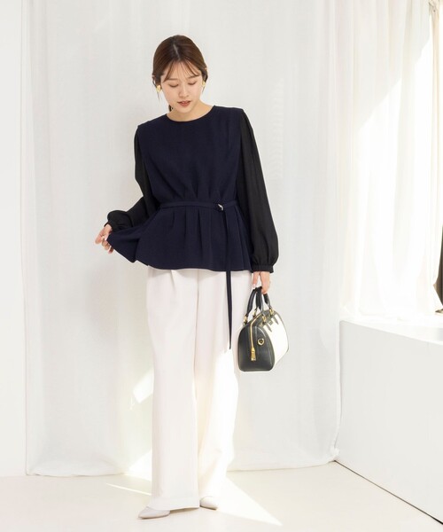 NOLLEY’S Sophi（ノーリーズソフィ）の「NEW morisachi《セットアップ対応》ウォッシャブルストレッチツイルイージーワイドパンツ（その他パンツ・レディース・オフホワイト/ネイビー・38/36/34）」の5枚目の写真