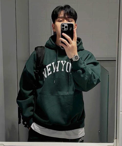 NOWLE(ノウル)の「【NOWLE】刺繍プリントミックス NEW YORK カレッジロゴ スウェットフーディー(パーカー・メンズ・グリーン/ネイビー・X-LARGE/LARGE/MEDIUM)」の7枚目の写真