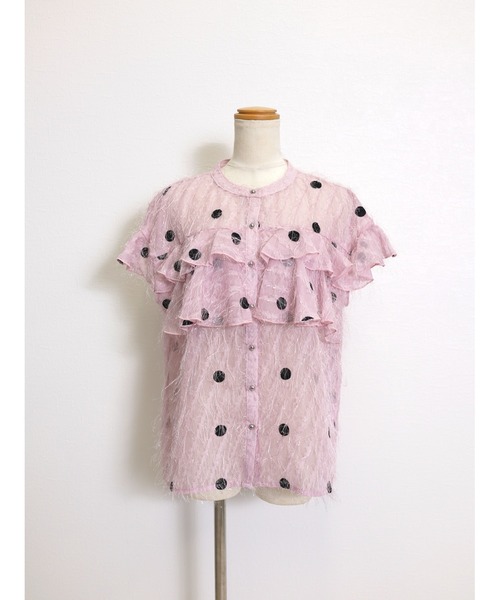 CHhdmn(シーエイチヒデモン)の「ドット刺繍シアーブラウス / フリルスリーブ / ラメフリンジ / 透け感トップス /袖なし(シャツ/ブラウス・レディース・ライトブルー/ブラック/ホワイト/ピンク・M/L)」の7枚目の写真