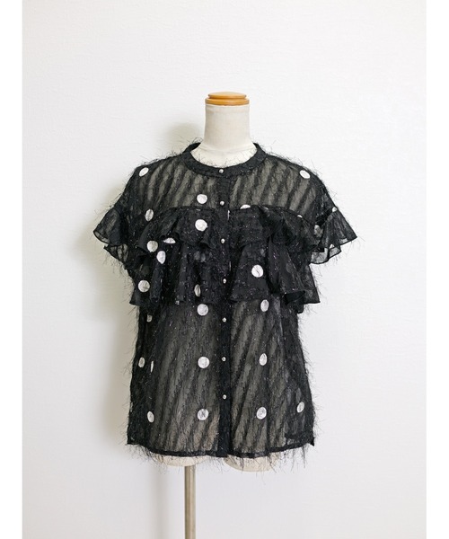 CHhdmn(シーエイチヒデモン)の「ドット刺繍シアーブラウス / フリルスリーブ / ラメフリンジ / 透け感トップス /袖なし(シャツ/ブラウス・レディース・ライトブルー/ブラック/ホワイト/ピンク・M/L)」の21枚目の写真