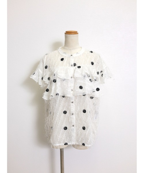 CHhdmn(シーエイチヒデモン)の「ドット刺繍シアーブラウス / フリルスリーブ / ラメフリンジ / 透け感トップス /袖なし(シャツ/ブラウス・レディース・ライトブルー/ブラック/ホワイト/ピンク・M/L)」の22枚目の写真