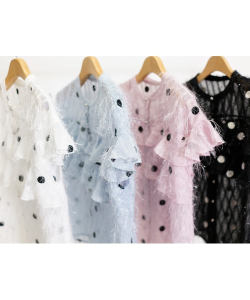 CHhdmn(シーエイチヒデモン)の「ドット刺繍シアーブラウス / フリルスリーブ / ラメフリンジ / 透け感トップス /袖なし(シャツ/ブラウス・レディース・ライトブルー/ブラック/ホワイト/ピンク・M/L)」の19枚目の写真