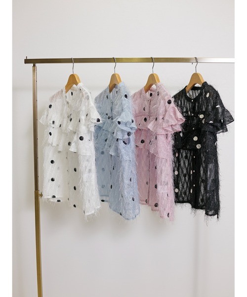 CHhdmn(シーエイチヒデモン)の「ドット刺繍シアーブラウス / フリルスリーブ / ラメフリンジ / 透け感トップス /袖なし(シャツ/ブラウス・レディース・ライトブルー/ブラック/ホワイト/ピンク・M/L)」の20枚目の写真