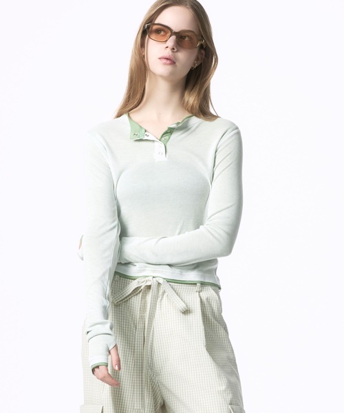 Nora Lily elle(ノラリリーエル)の「【Nora Lily】「elle」Double-Layer Bicolor Henley Top(Tシャツ/カットソー・レディース・グレー/ダークグレー/ブラウン/ホワイト・FREE)」の20枚目の写真