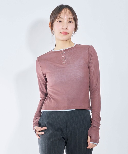 Nora Lily elle(ノラリリーエル)の「【Nora Lily】「elle」Double-Layer Bicolor Henley Top(Tシャツ/カットソー・レディース・グレー/ダークグレー/ブラウン/ホワイト・FREE)」の11枚目の写真