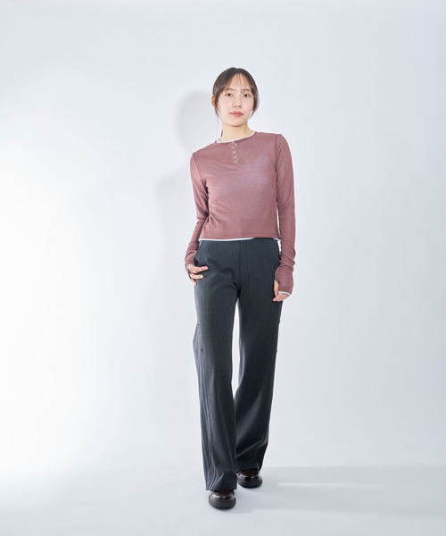 Nora Lily elle(ノラリリーエル)の「【Nora Lily】「elle」Double-Layer Bicolor Henley Top(Tシャツ/カットソー・レディース・グレー/ダークグレー/ブラウン/ホワイト・FREE)」の12枚目の写真