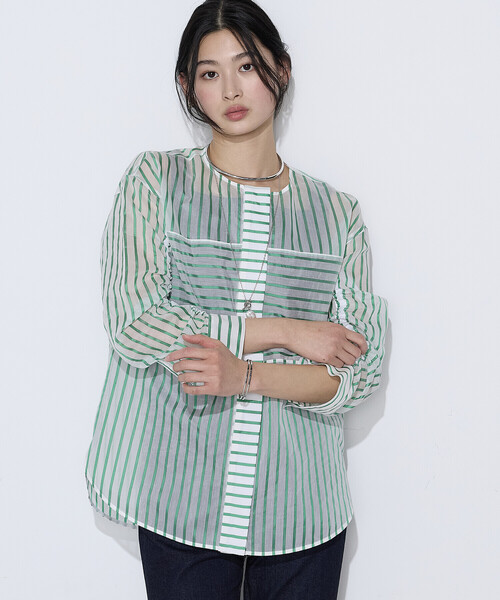 K.T KIYOKO TAKASE（キヨコタカセ）の「コットンシルク シアーストライプシャツ（シャツ/ブラウス・レディース・ホワイト×グリーン/ホワイト×ブルー・9号/7号）」の17枚目の写真