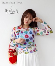 Three Four Time（スリーフォータイム）の「ばら色の帽子コラボ シアープリントTOPS（Tシャツ/カットソー）」