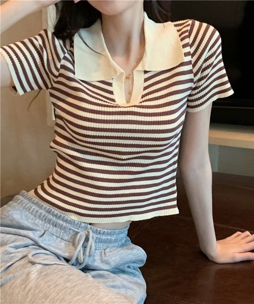 shyam inspiration(シャムインスピレーション)の「スキッパーボーダーリブTシャツ/クロップド/襟付き/半袖(Tシャツ/カットソー・レディース・ブルー/アイボリー/ブラック・F)」の2枚目の写真