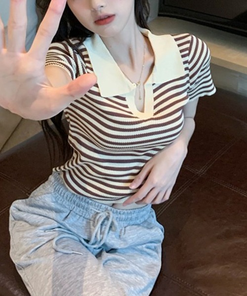 shyam inspiration(シャムインスピレーション)の「スキッパーボーダーリブTシャツ/クロップド/襟付き/半袖(Tシャツ/カットソー・レディース・ブルー/アイボリー/ブラック・F)」の18枚目の写真