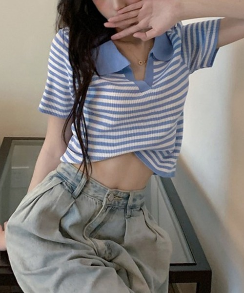 shyam inspiration(シャムインスピレーション)の「スキッパーボーダーリブTシャツ/クロップド/襟付き/半袖(Tシャツ/カットソー・レディース・ブルー/アイボリー/ブラック・F)」の6枚目の写真