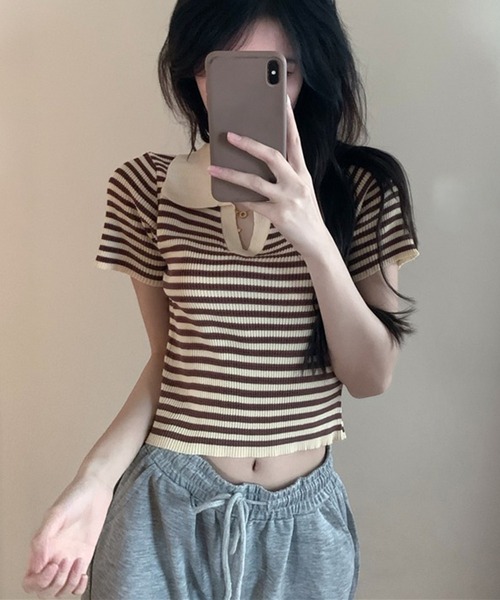 shyam inspiration(シャムインスピレーション)の「スキッパーボーダーリブTシャツ/クロップド/襟付き/半袖(Tシャツ/カットソー・レディース・ブルー/アイボリー/ブラック・F)」の20枚目の写真