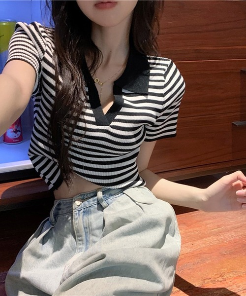 shyam inspiration(シャムインスピレーション)の「スキッパーボーダーリブTシャツ/クロップド/襟付き/半袖(Tシャツ/カットソー・レディース・ブルー/アイボリー/ブラック・F)」の12枚目の写真