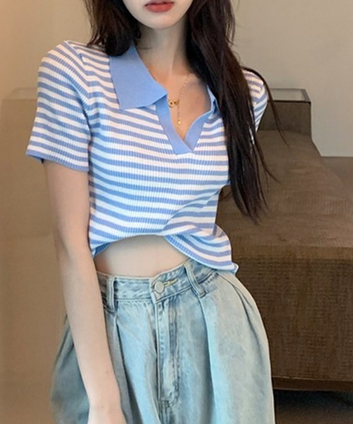 shyam inspiration(シャムインスピレーション)の「スキッパーボーダーリブTシャツ/クロップド/襟付き/半袖(Tシャツ/カットソー・レディース・ブルー/アイボリー/ブラック・F)」の10枚目の写真