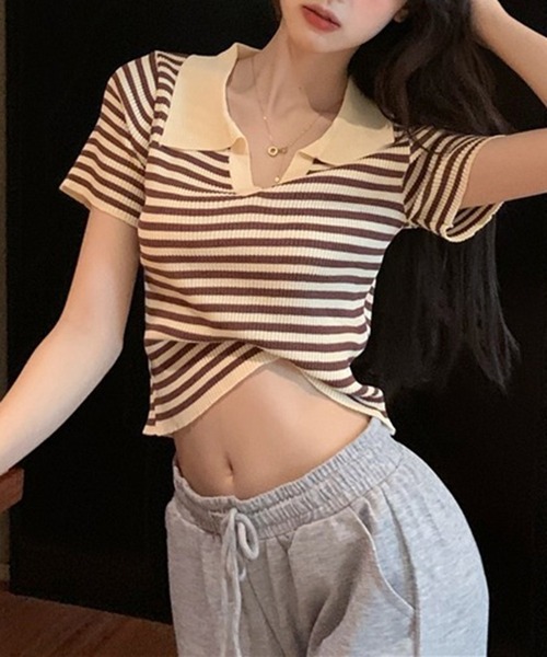 shyam inspiration(シャムインスピレーション)の「スキッパーボーダーリブTシャツ/クロップド/襟付き/半袖(Tシャツ/カットソー・レディース・ブルー/アイボリー/ブラック・F)」の21枚目の写真