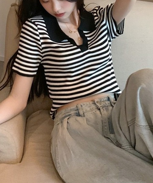 shyam inspiration(シャムインスピレーション)の「スキッパーボーダーリブTシャツ/クロップド/襟付き/半袖(Tシャツ/カットソー・レディース・ブルー/アイボリー/ブラック・F)」の14枚目の写真