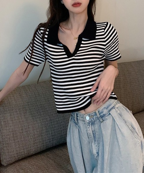 shyam inspiration(シャムインスピレーション)の「スキッパーボーダーリブTシャツ/クロップド/襟付き/半袖(Tシャツ/カットソー・レディース・ブルー/アイボリー/ブラック・F)」の16枚目の写真