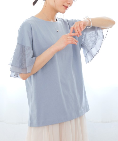 n'OrLABEL(ノアールレーベル)の「【汗じみ防止】ひらりレース袖カットソー(Tシャツ/カットソー・レディース・オフホワイト/ブラック/ライトブルー・2/1)」の3枚目の写真