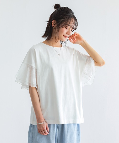 n'OrLABEL(ノアールレーベル)の「【汗じみ防止】ひらりレース袖カットソー(Tシャツ/カットソー・レディース・オフホワイト/ブラック/ライトブルー・2/1)」の6枚目の写真