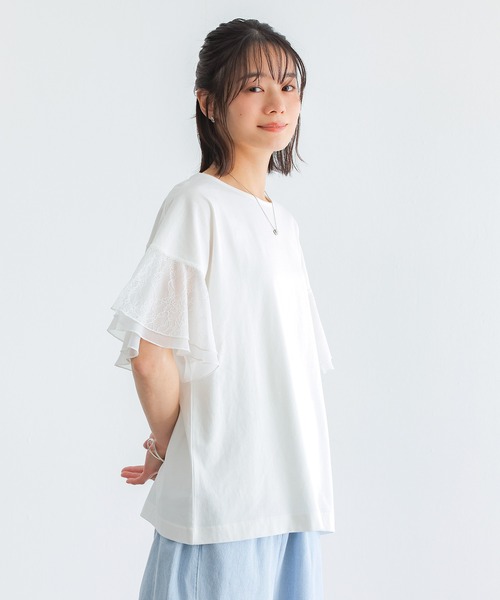 n'OrLABEL(ノアールレーベル)の「【汗じみ防止】ひらりレース袖カットソー(Tシャツ/カットソー・レディース・オフホワイト/ブラック/ライトブルー・2/1)」の8枚目の写真