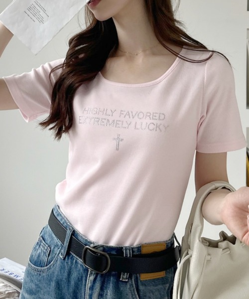 Ada.(エイダ)の「ラインストーン 半袖 コンパクト Tシャツ(Tシャツ/カットソー・レディース・ブラック/オフホワイト/ピンク/チャコール・FREE)」の4枚目の写真