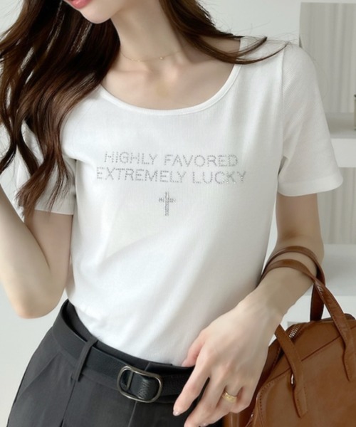 Ada.(エイダ)の「ラインストーン 半袖 コンパクト Tシャツ(Tシャツ/カットソー・レディース・ブラック/オフホワイト/ピンク/チャコール・FREE)」の5枚目の写真