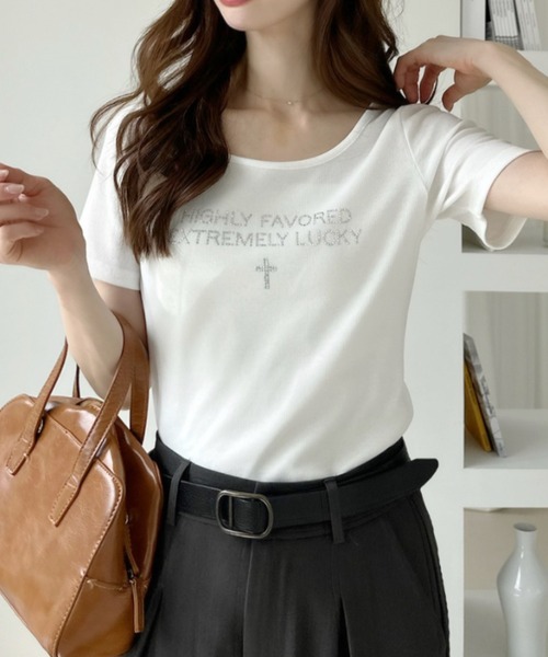 Ada.(エイダ)の「ラインストーン 半袖 コンパクト Tシャツ(Tシャツ/カットソー・レディース・ブラック/オフホワイト/ピンク/チャコール・FREE)」の10枚目の写真