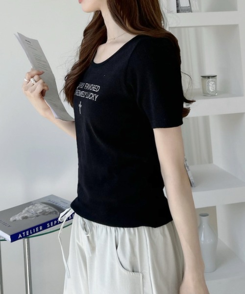 Ada.(エイダ)の「ラインストーン 半袖 コンパクト Tシャツ(Tシャツ/カットソー・レディース・ブラック/オフホワイト/ピンク/チャコール・FREE)」の15枚目の写真