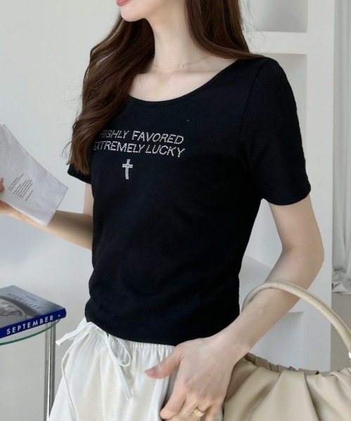 Ada.(エイダ)の「ラインストーン 半袖 コンパクト Tシャツ(Tシャツ/カットソー・レディース・ブラック/オフホワイト/ピンク/チャコール・FREE)」の12枚目の写真