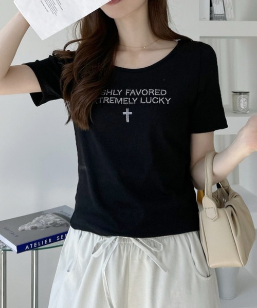 Ada.(エイダ)の「ラインストーン 半袖 コンパクト Tシャツ(Tシャツ/カットソー・レディース・ブラック/オフホワイト/ピンク/チャコール・FREE)」の11枚目の写真