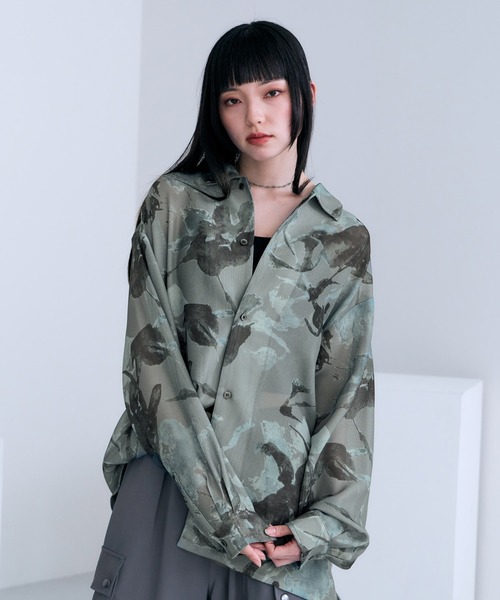 セール】Sheer Flower Pattern Shirt / カラミ編みスカシフラワー柄