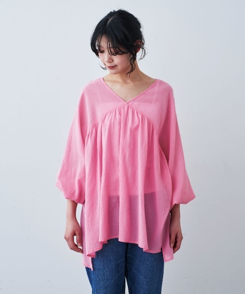 mensha!（メンシャ）の「ｍｅｎｓｈａ！　シングル楊柳（ようりゅう）ガーゼ　ギャザーカフタンチュニック（チュニック・レディース・ホワイト/ピンク/イエロー/ブラウン・L/M）」の4枚目の写真