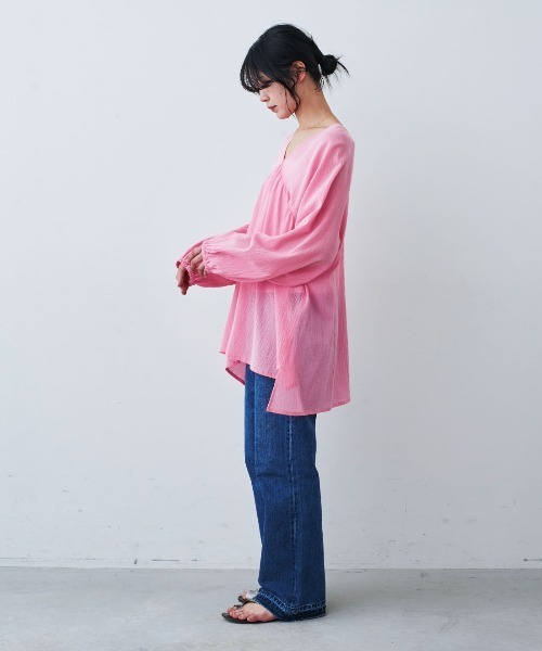 mensha!（メンシャ）の「ｍｅｎｓｈａ！　シングル楊柳（ようりゅう）ガーゼ　ギャザーカフタンチュニック（チュニック・レディース・ホワイト/ピンク/イエロー/ブラウン・L/M）」の7枚目の写真