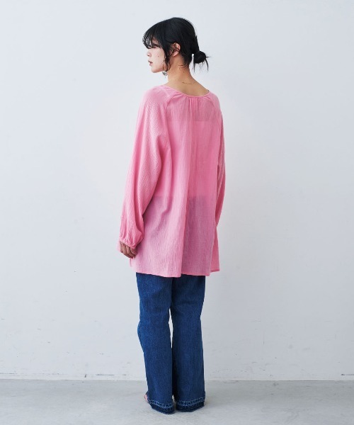 mensha!（メンシャ）の「ｍｅｎｓｈａ！　シングル楊柳（ようりゅう）ガーゼ　ギャザーカフタンチュニック（チュニック・レディース・ホワイト/ピンク/イエロー/ブラウン・L/M）」の8枚目の写真
