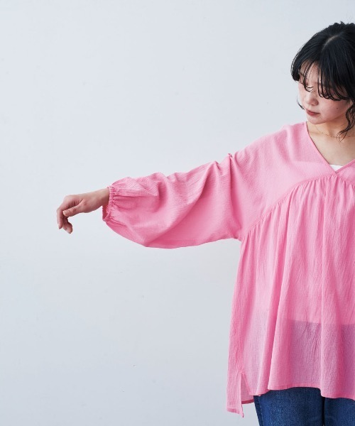 mensha!（メンシャ）の「ｍｅｎｓｈａ！　シングル楊柳（ようりゅう）ガーゼ　ギャザーカフタンチュニック（チュニック・レディース・ホワイト/ピンク/イエロー/ブラウン・L/M）」の9枚目の写真