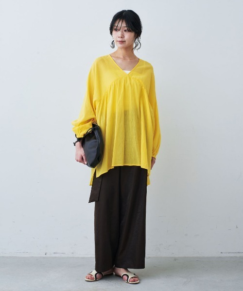 mensha!（メンシャ）の「ｍｅｎｓｈａ！　シングル楊柳（ようりゅう）ガーゼ　ギャザーカフタンチュニック（チュニック・レディース・ホワイト/ピンク/イエロー/ブラウン・L/M）」の10枚目の写真