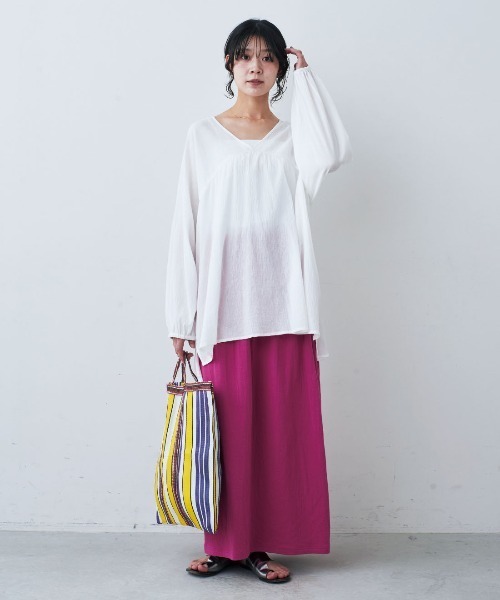 mensha!（メンシャ）の「ｍｅｎｓｈａ！　シングル楊柳（ようりゅう）ガーゼ　ギャザーカフタンチュニック（チュニック・レディース・ホワイト/ピンク/イエロー/ブラウン・L/M）」の12枚目の写真