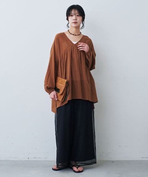 mensha!（メンシャ）の「ｍｅｎｓｈａ！　シングル楊柳（ようりゅう）ガーゼ　ギャザーカフタンチュニック（チュニック・レディース・ホワイト/ピンク/イエロー/ブラウン・L/M）」の14枚目の写真