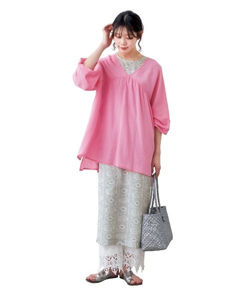 mensha!（メンシャ）の「ｍｅｎｓｈａ！　シングル楊柳（ようりゅう）ガーゼ　ギャザーカフタンチュニック（チュニック・レディース・ホワイト/ピンク/イエロー/ブラウン・L/M）」の15枚目の写真