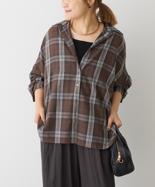 PUAL CE CIN(ピュアルセシン)の「麻混アソート柄オーバーシャツ(シャツ/ブラウス・レディース・ブラック/ベージュ/ネイビー/ブラウン・FREE)」の2枚目の写真